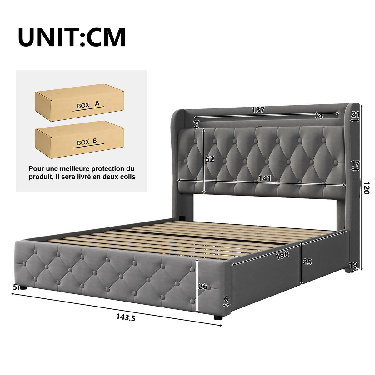 POLSTERBETT 140/190 cm Grau aus Samt mit LED-Beleuchtung und USB- und Type-C-Anschlüssen - Grau, Textil (140/190cm) - OKWISH