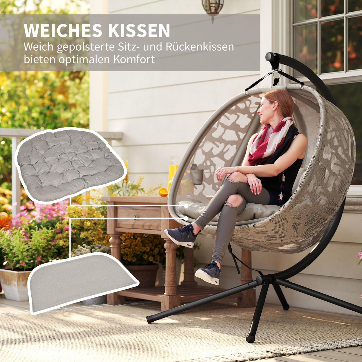 HÄNGESESSEL FÜR 2 PERSONEN DE-07052 klappbarer Sitzkorb, großes Kissen Sand - Sandfarben, Textil/Metall (103/172/130cm) - ComfortXL