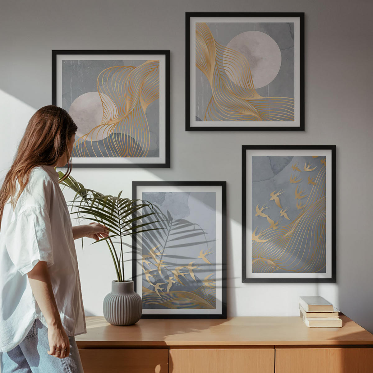 BILDER SET 4er Set - 50x50 cm & 40x60 cm Schwarzer Rahmen - Vögel im Flug, Himmel, Mond - Schwarz, Kunststoff (50/50cm) - TULUP