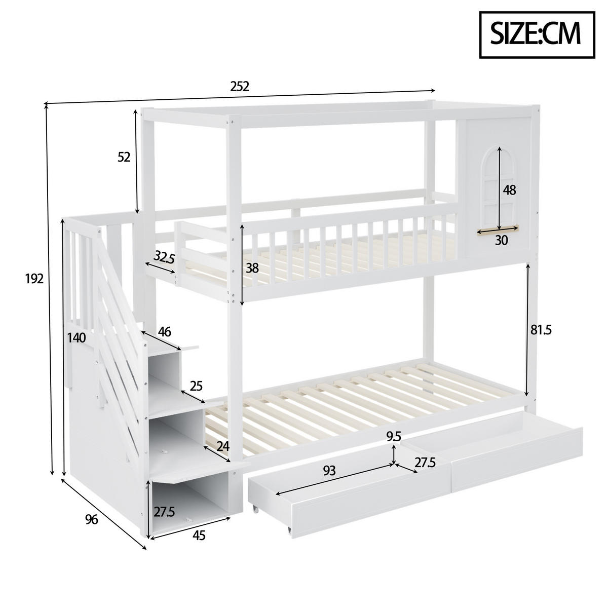 PALANDA 90/200 cm z masivu s domečkovým designem, bezpečnostním zábradlím, schodištěm a úložnými zásuvkami, Bílá - bílá, kompozitní dřevo (90/200cm) - Redom
