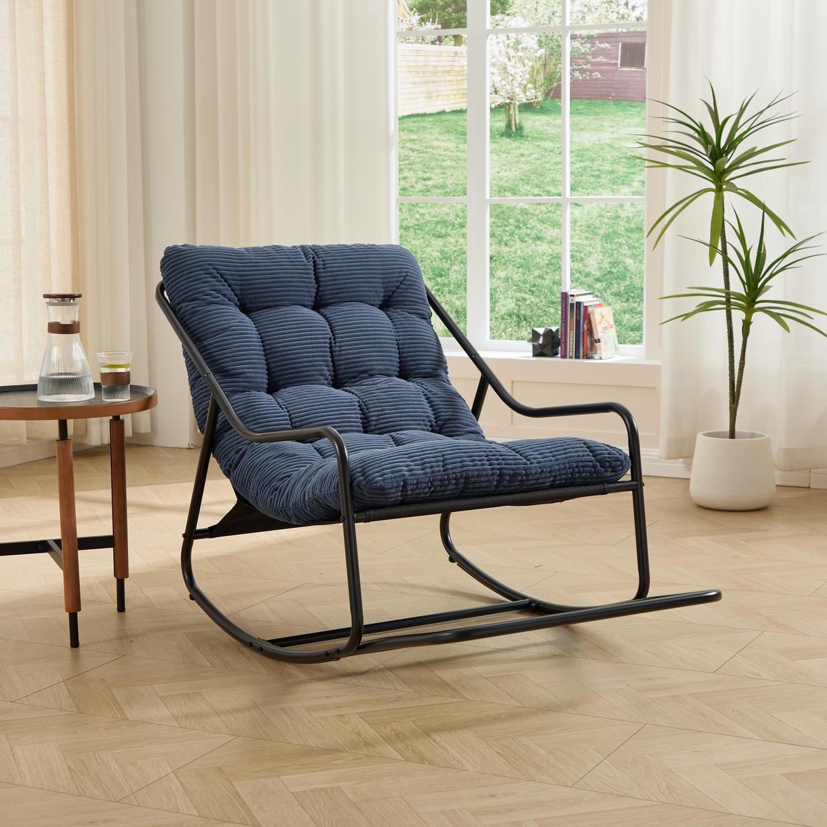 RELAX Schaukelstuhl Blau mit Beinablage Dickem Kissen und Stabilem Stahlrahmen - Blau, Metall (75/82/116cm) - PARAFTA HOME