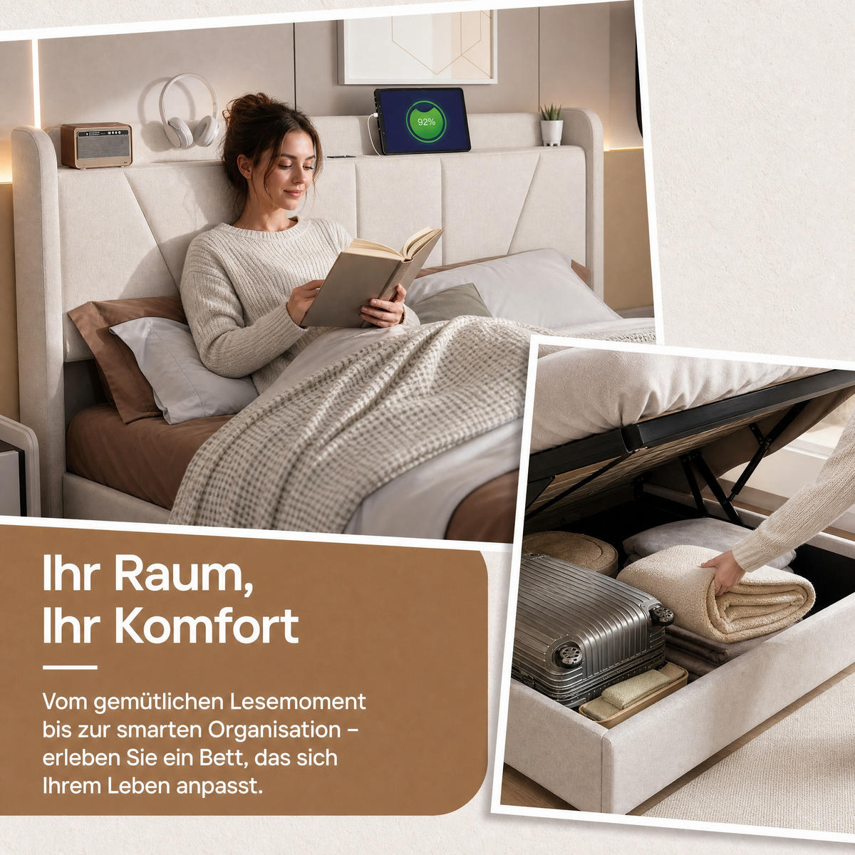 KLÄDD säng 160/200 cm beige med sänglåda och USB-portar - Beige, Trä (160/200cm) - SHOPENTRA