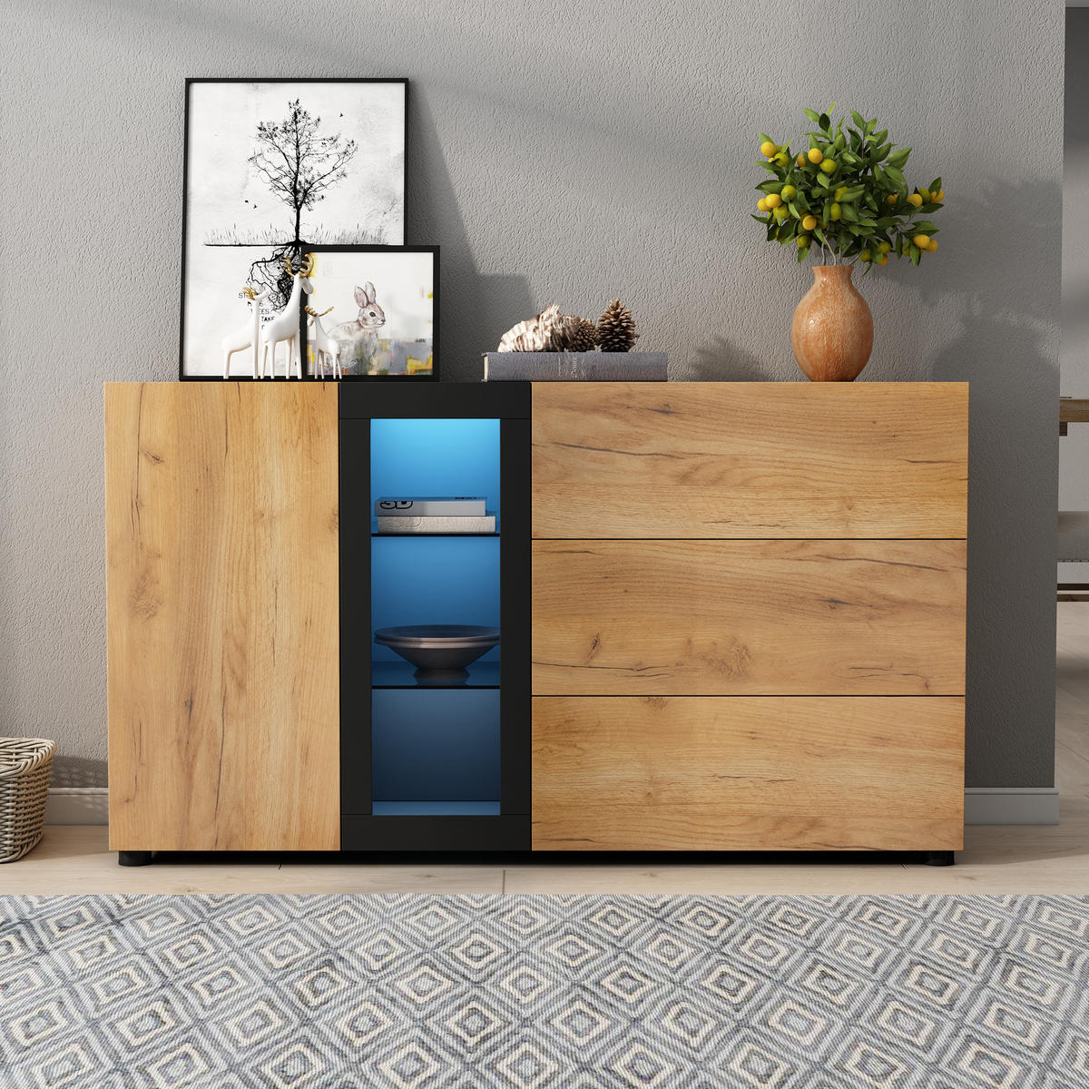 SIDEBOARD in Braun Buffetschrank mit 3 Schubladen für Esszimmer und Wohnzimmer, B140/T40/H80cm - Schwarz/Braun, Glas/Holzwerkstoff (140/80/40cm) - STILVORA