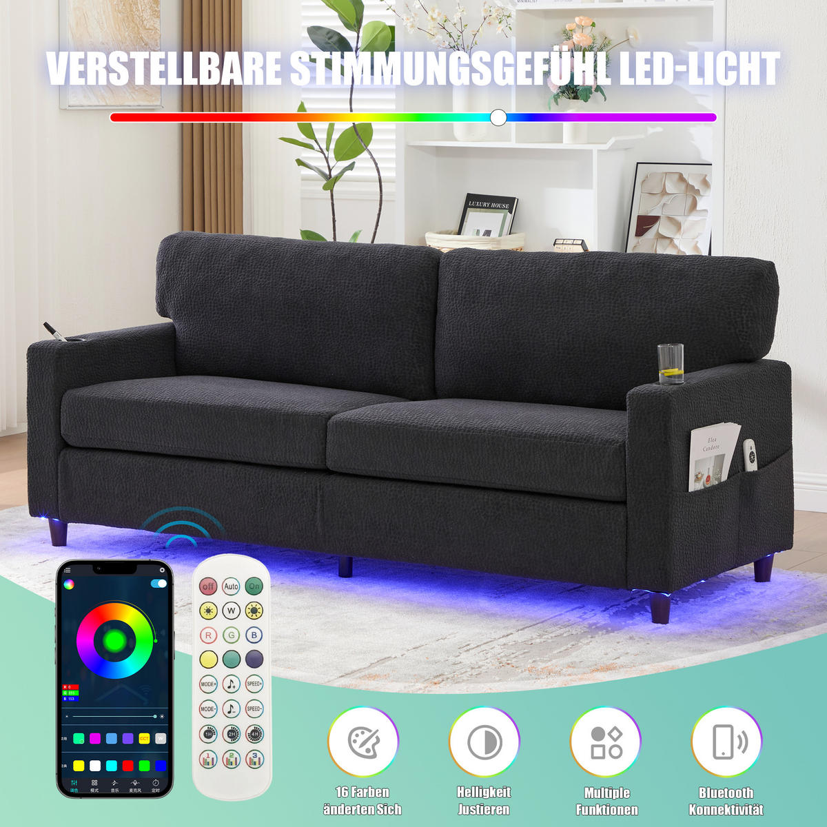 ZWEISITZER Sofa Chenille mit USB-Anschluss LED-Licht und Getränkehaltern 203/77,5/86 cm Dunkelgrau - Dunkelgrau, Textil (77.5/86/203cm) - Redom