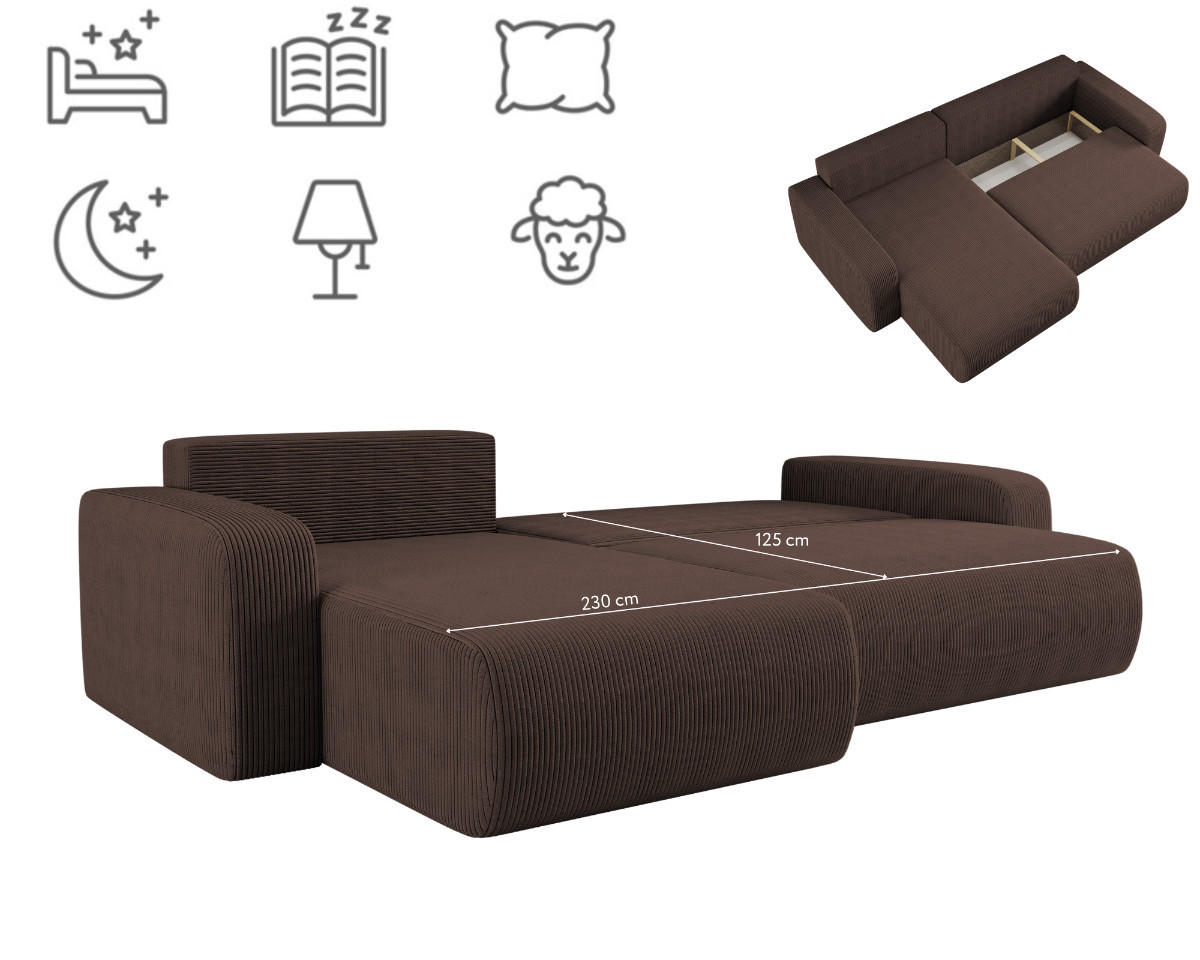 SCHLAFSOFA MILANO XL und bettkasten stoff Poso Dicker Cord Braun Links - Braun, Holz (274/82/145cm) - Kaiser Möbel