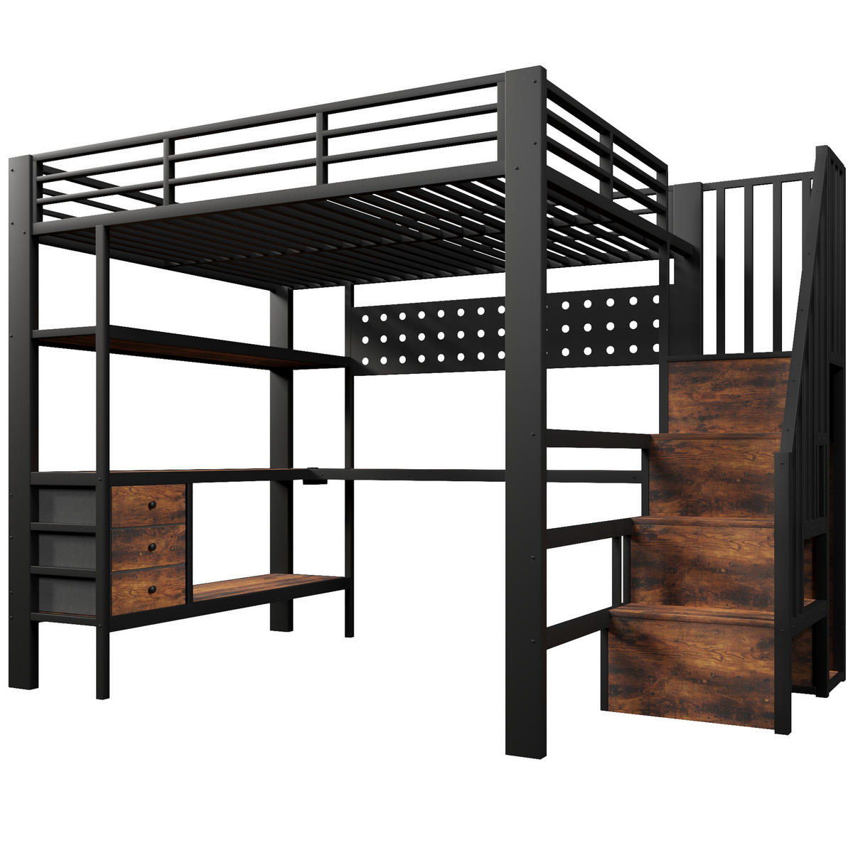HOCHBETT 140/200 cm aus Metall und MDF mit Schreibtisch, Stauraum, Steckdose und LED-Beleuchtung, Schwarz - Schwarz, Holzwerkstoff (140/200cm) - Redom