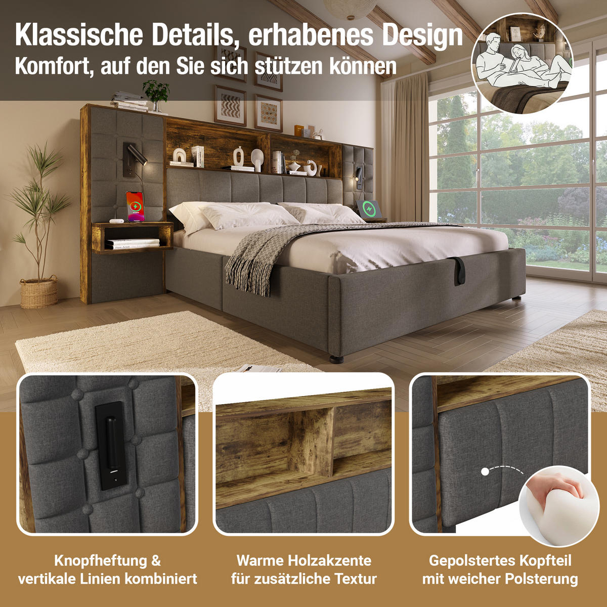 POLSTERBETT 160/200 cm in Grau mit Stauraum, LED, Leselampen, Nachttischen und USB/Type-C - Grau, Holzwerkstoff/Textil (160/200cm) - WISHDOR