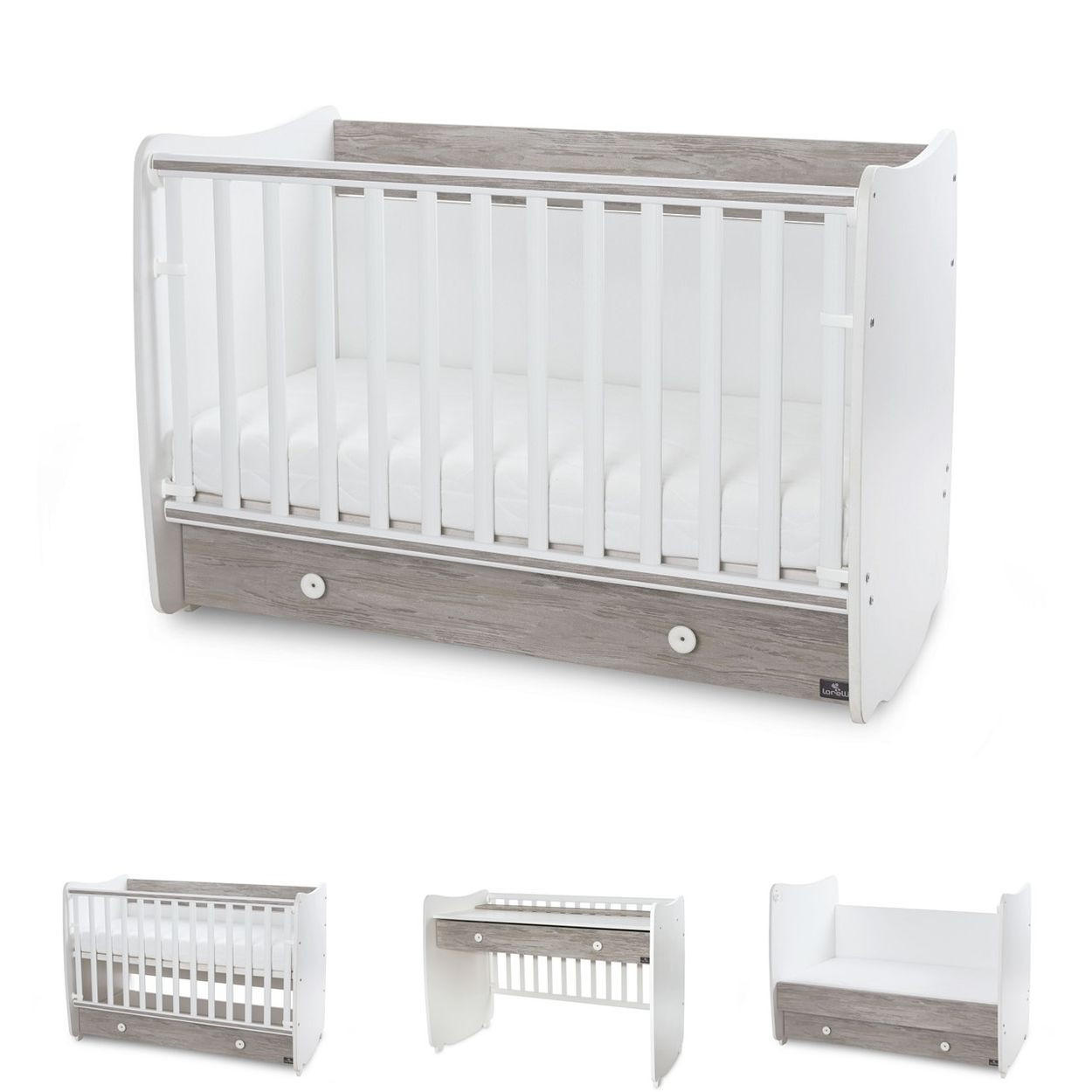 BABYBETT Dream NEW weiß grau 140 x 70 cm, Schaukelbett, Schreibtisch, Schublade, Hubgitter - Grau, Holzwerkstoff (70/140cm) - Lorelli