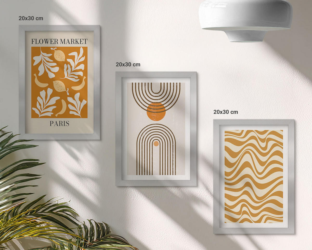 BILDER SET 3er Set - 20x30 cm Silberner Rahmen - Poster mit geometrischen Pflanzenmustern - Silberfarben, Kunststoff (20/30cm) - TULUP