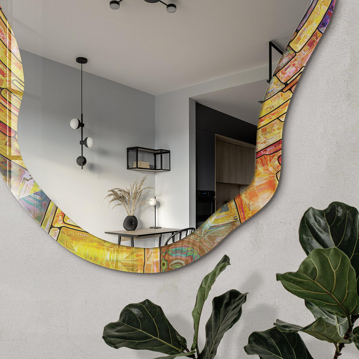 SPIEGEL 90x45 cm asymmetrisch mit Druck - Farbenfrohes Mosaik - Transparent, Glas (45/90/0.4cm) - TULUP
