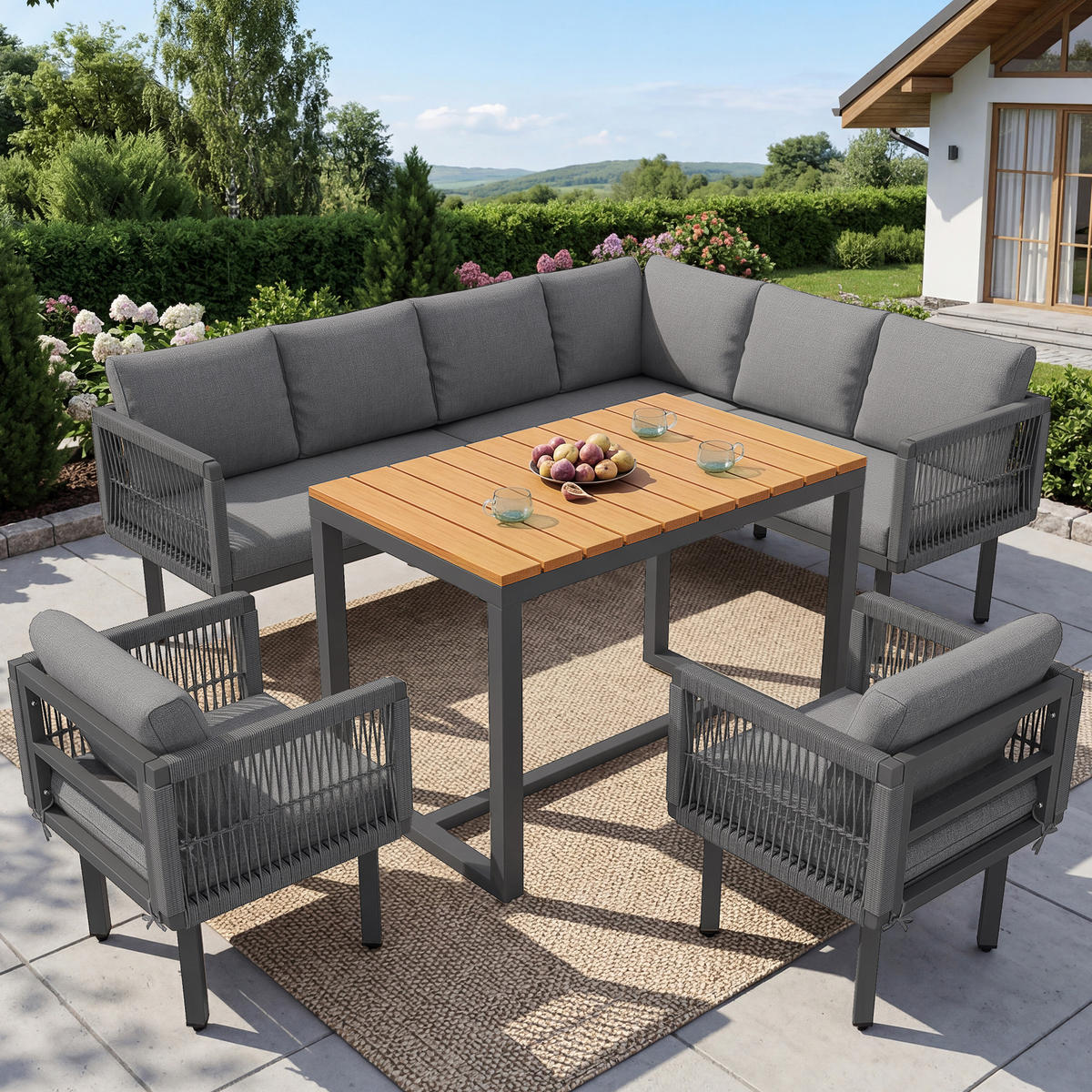 GARTENLOUNGE 6-teilig Ecksofa Sessel Tisch Outdoor Grau - Grau, Metall - FLIEKS