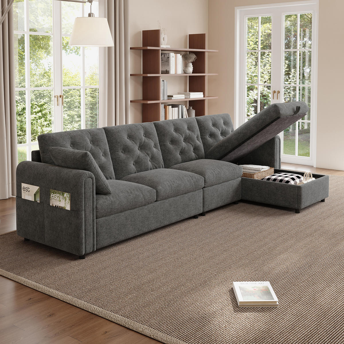 SOFA Grau L-Form Samt Stauraum Armlehne 281cm Knopfheftung - Grau, Textil (132/86/281cm) - FLIEKS