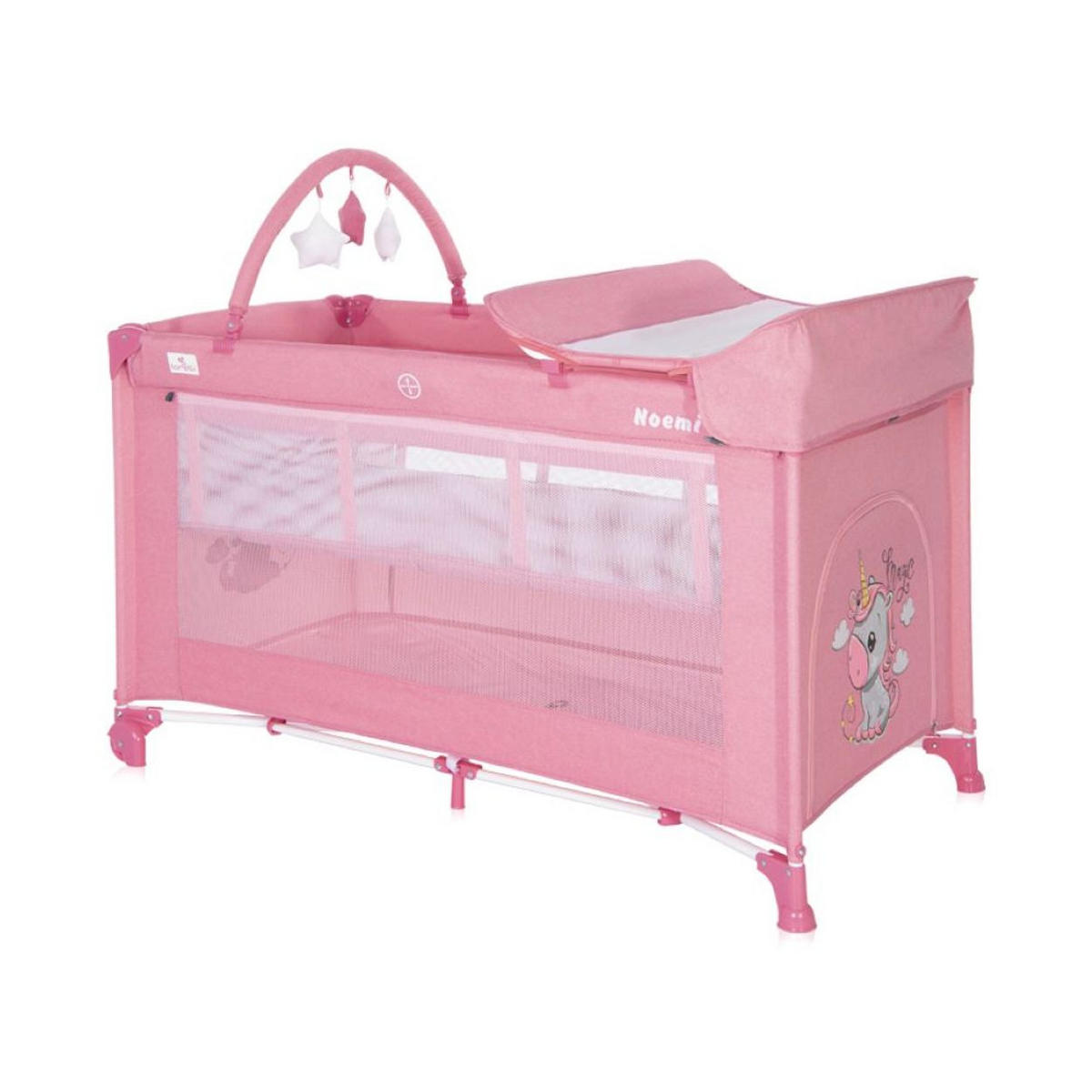 REISEBETT Noemi 2 Ebenen dunkelgrau Wickelauflage, Spielbogen, Tragetasche, Räder - Rosa, Kunststoff (69/127cm) - Lorelli