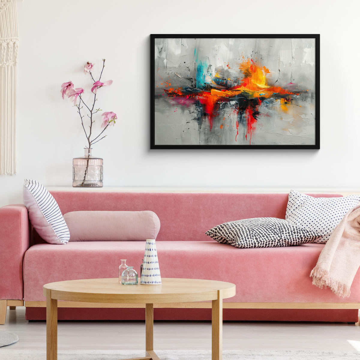 POSTER MIT RAHMEN Moderne Kunst - Orange - Grau - Abstrakt 90x60 cm - Hellgrau, Papier (90/60cm) - MuchoWow