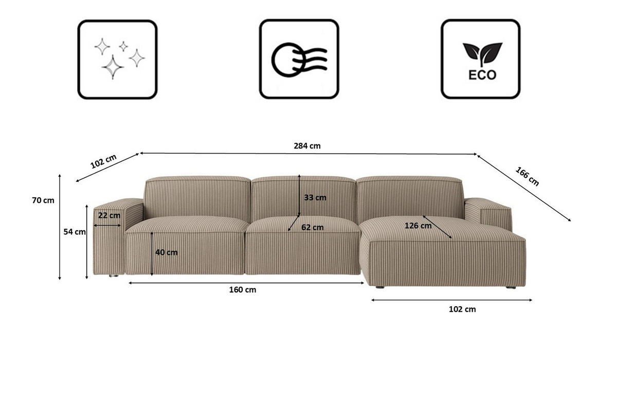 ECKSOFA Cursal L-Form, Stoff Poso, Dunkelbeige, Rechts - Beige, Holz (284/166cm) - Kaiser Möbel