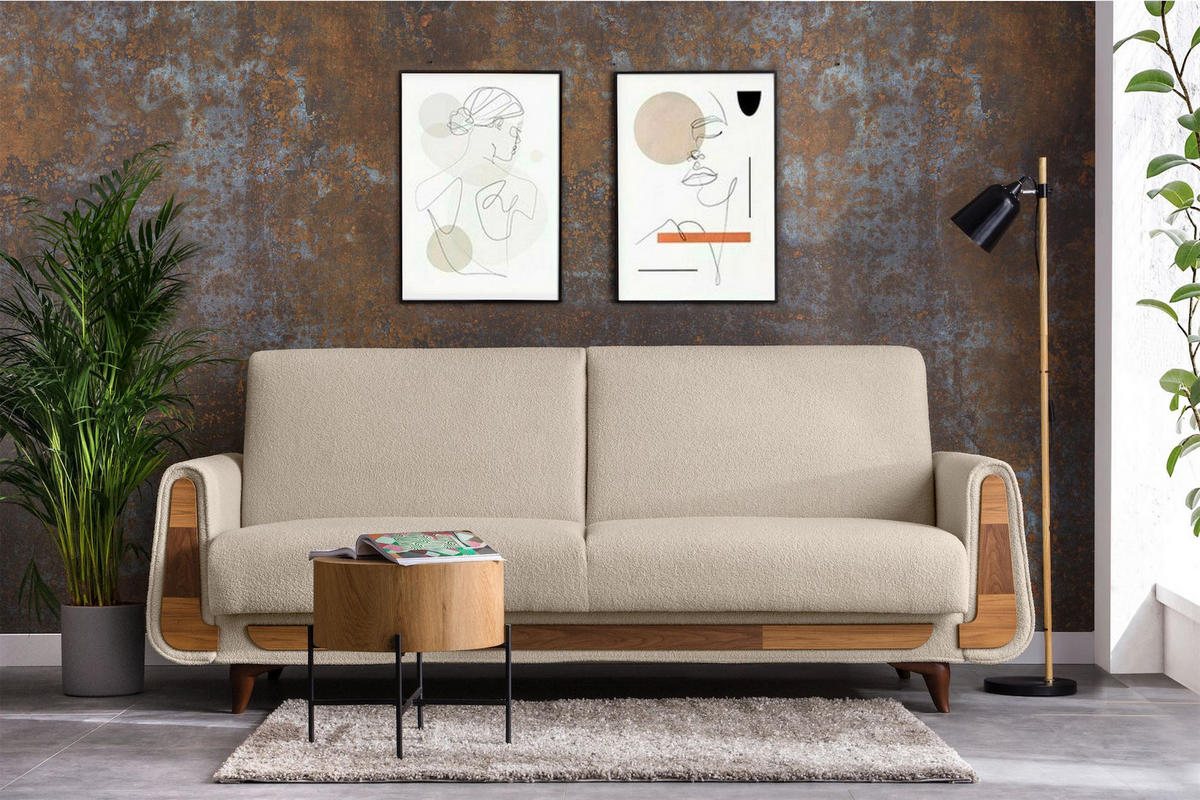 3-SITZER-SCHLAFSOFA GUSTAVO mit Armlehnen, creme - Creme/Braun, Holz/Holzwerkstoff (230/98/98cm) - KONSIMO®