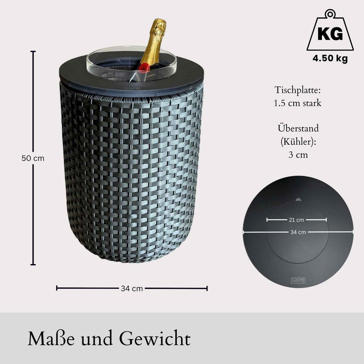 BEISTELLTISCH MIT ACRYL-KÜHLER London Champagner-Schwarz 50 cm - Champagner/Schwarz, Kunststoff (34/34/50cm) - COOTAB Cooler Table