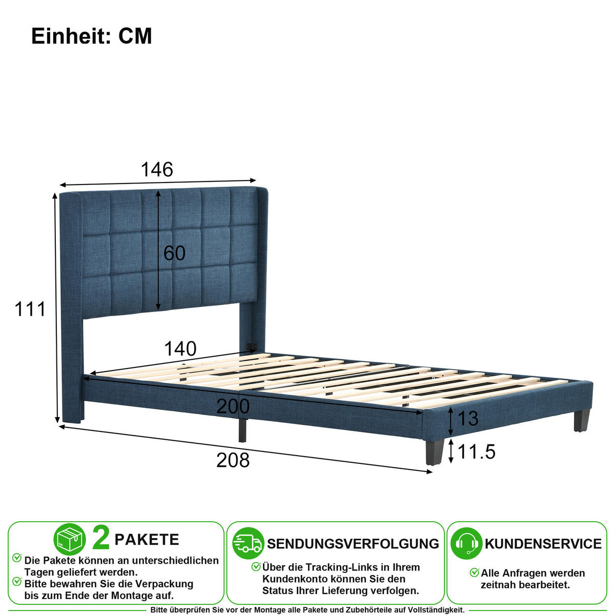 ČALOUNĚNÁ POSTEL 140/200 cm v modré barvě s matrací a lamelovým roštem - modrá, kov/kompozitní dřevo (140/200cm) - CHICFURN