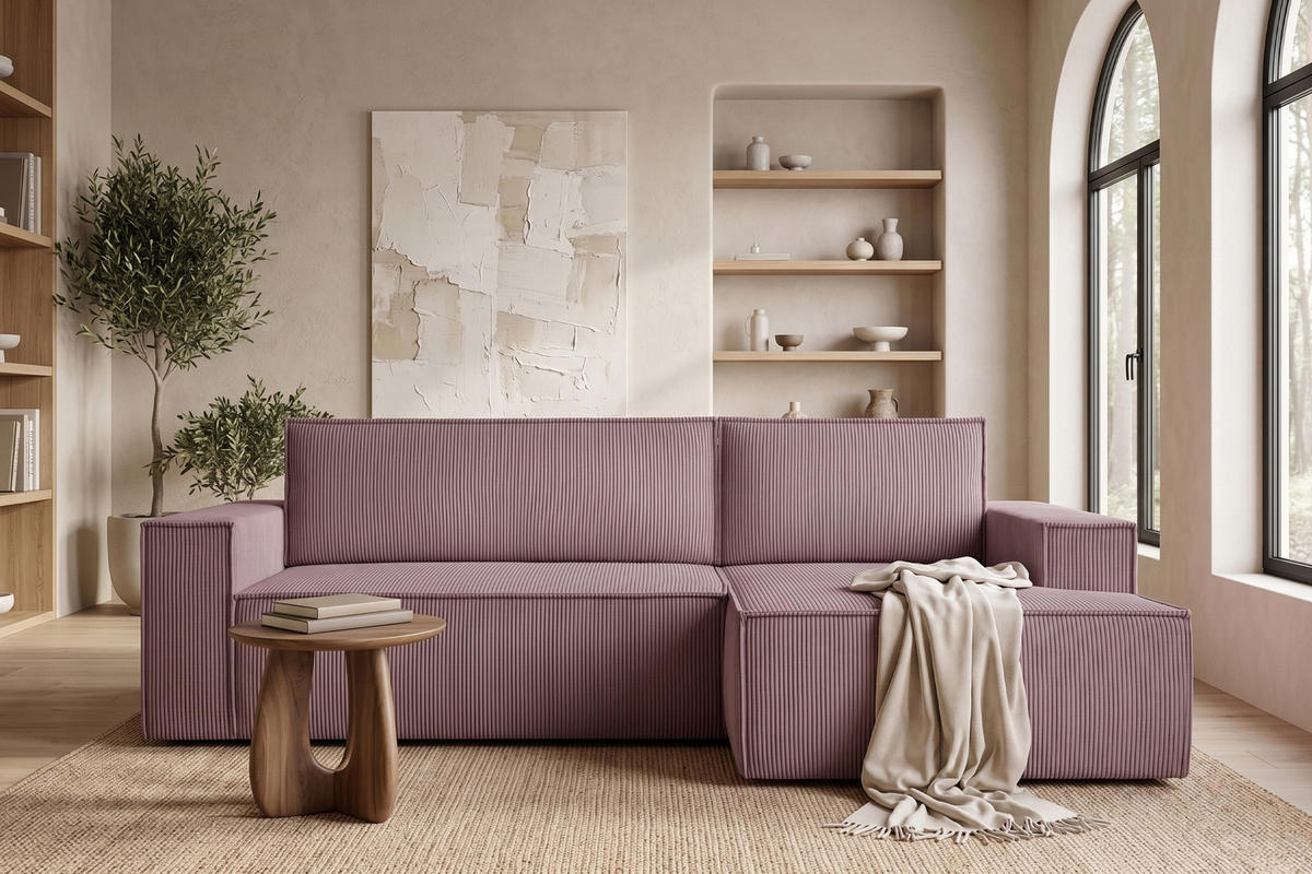 ECKSCHLAFSOFA-RECHTS NAPI in Pet Friendly Cord-Stoff, hellviolett - Violett/Schwarz, Textil (262/148cm) - KONSIMO®