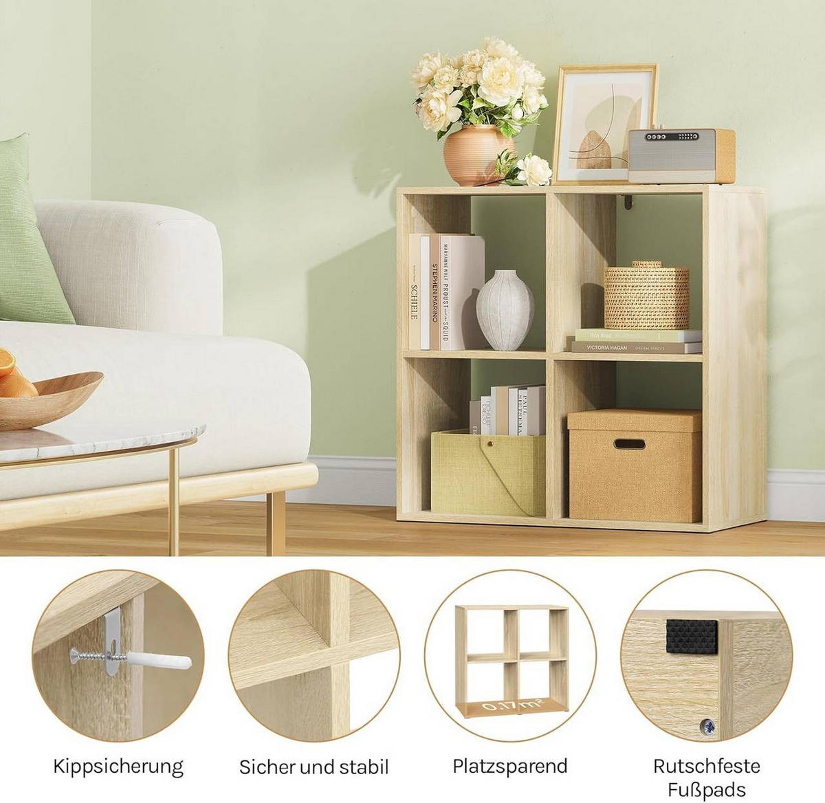 REGALE Bücherregal mit 4 offenen Fächern, 60x60x29 cm, Helle Eiche - Eichefarben, Holzwerkstoff/Kunststoff (60/60/29cm) - Woltu