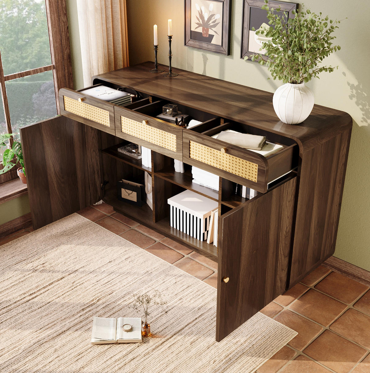 SIDEBOARD 120/40/85 cm aus MDF und Spanplatte mit Rattanfronten Nussbaum - Walnussfarben, Holzwerkstoff (120/85/40cm) - Modenvie