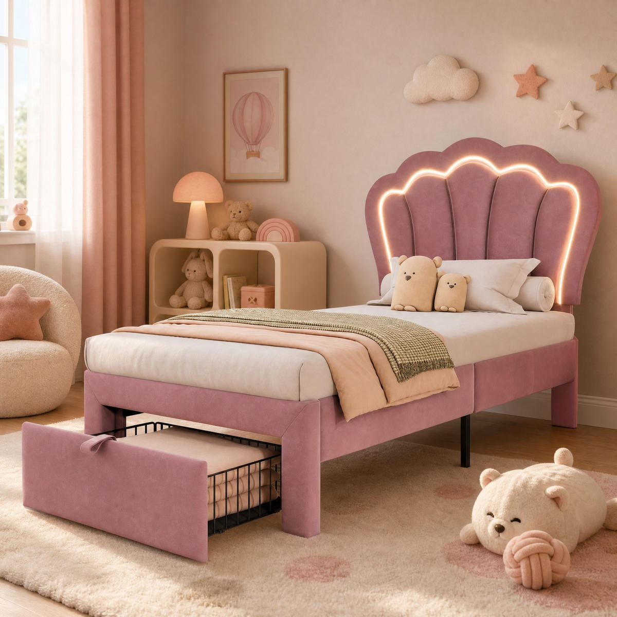 KINDERBETT 90/190 mit LED, Schublade und verstellbarem Kopfteil in Rosa - Schwarz/Rosa, Holzwerkstoff/Textil (90/190cm) - EVRYAE