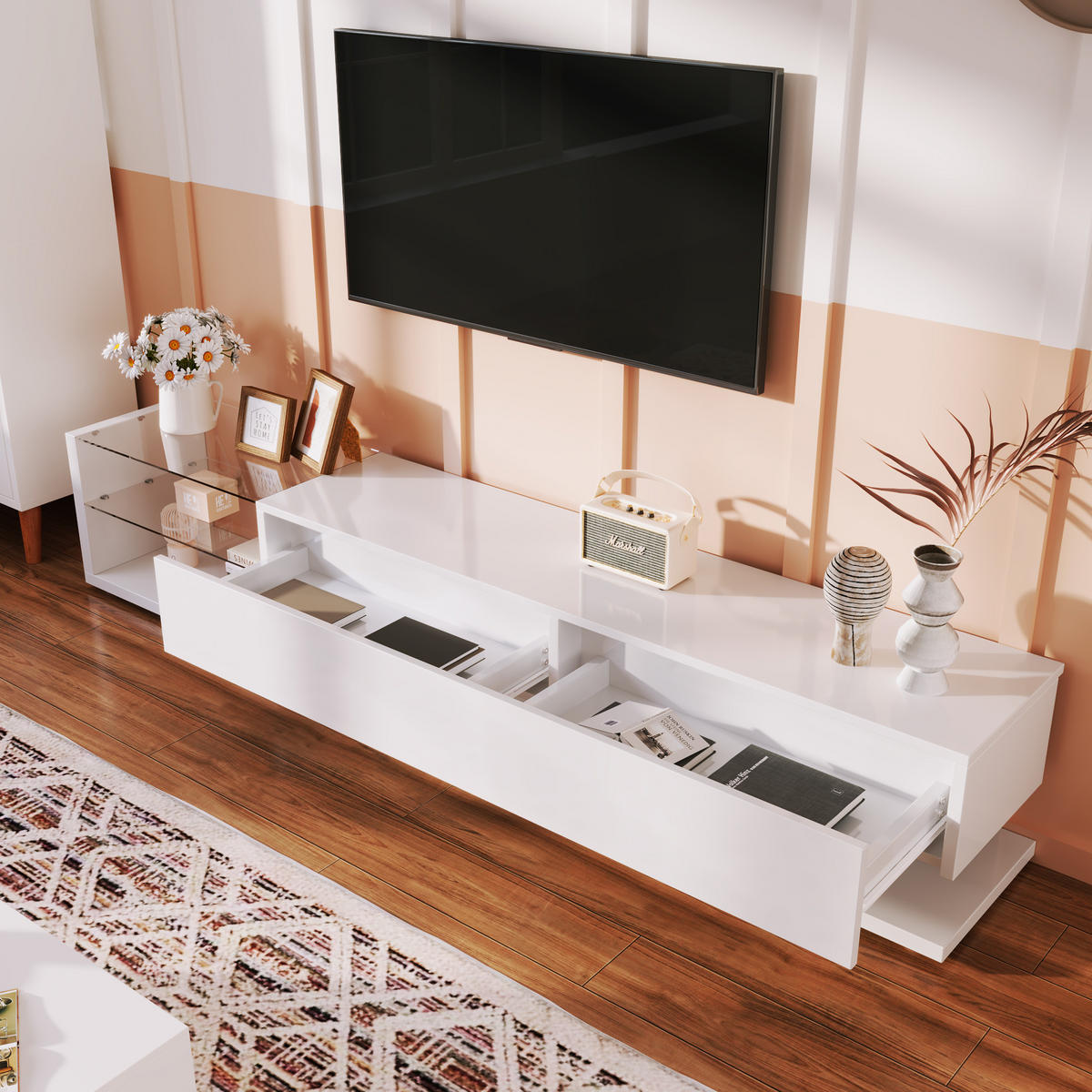 TV-SCHRANK in Weiß Hochglanz mit 2 Schubladen und LED 170/38/36 cm - Weiß, Holzwerkstoff (170/38/36cm) - Redom
