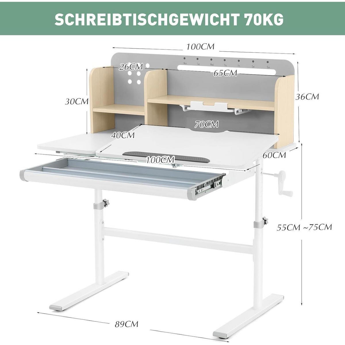 KINDERSCHREIBTISCH höhenverstellbar mit Bücherregal und Schubladen - Weiß, Holzwerkstoff (100/111.3/60cm)
