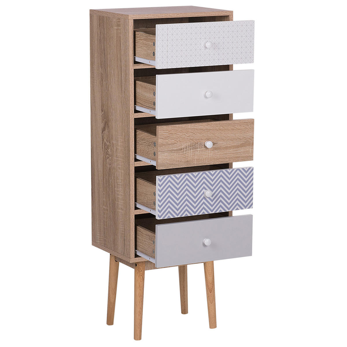 KOMMODE 5 Schubladen heller Holzfarbton/weiß Foley - Hellbraun/Blau, Holzwerkstoff (40/112/30cm) - Beliani