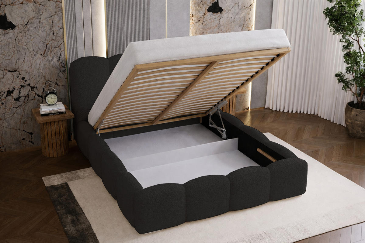 POLSTERBETT 200x200 cm Zenna Boucle mit Bettkasten, Lattenrost, Schwarz - Schwarz, Holz/Textil (200/200cm) - Emporius