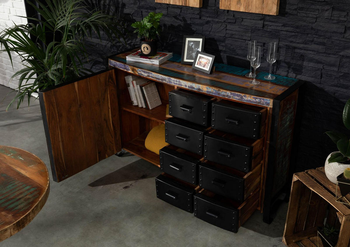 SIDEBOARD Altholz 143x43x90 mehrfarbig lackiert INDUSTRIAL #102 - Multicolor, Holz (143/90/43cm) - Massivmoebel24