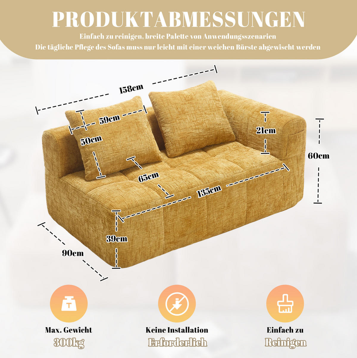 SOFA mit Seitentaschen 158 x 90 x 60 cm Chenille Yellow - Gelb, Kunststoff (158/60/90cm) - Meubliv