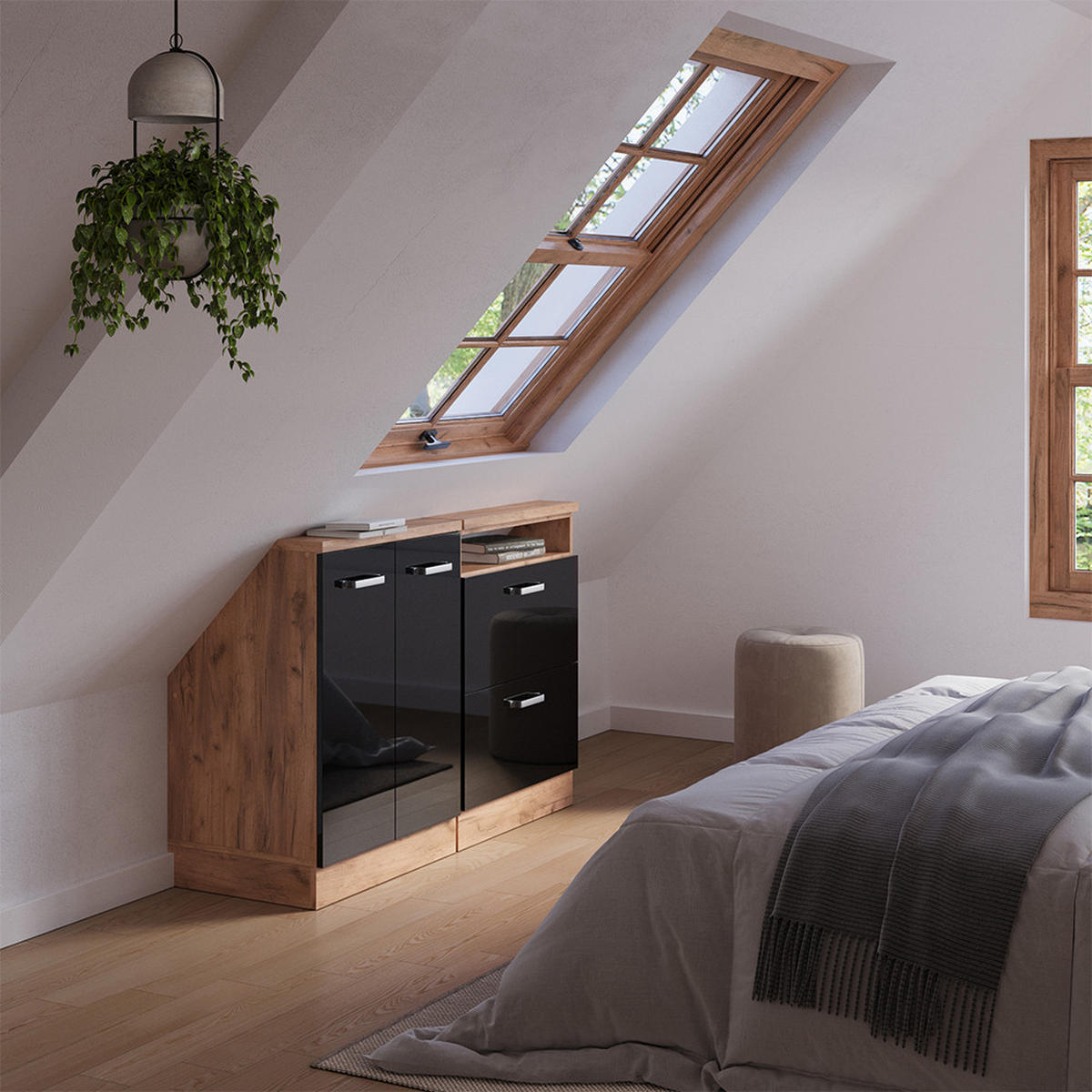 KUCHYŇSKÁ SKŘÍŇKA POD ŠIKMOU STŘECHU R-Line Černý/zlatý dub s vysokým leskem - medově dubová/černá, kompozitní dřevo (120/81.6/46cm) - Vicco