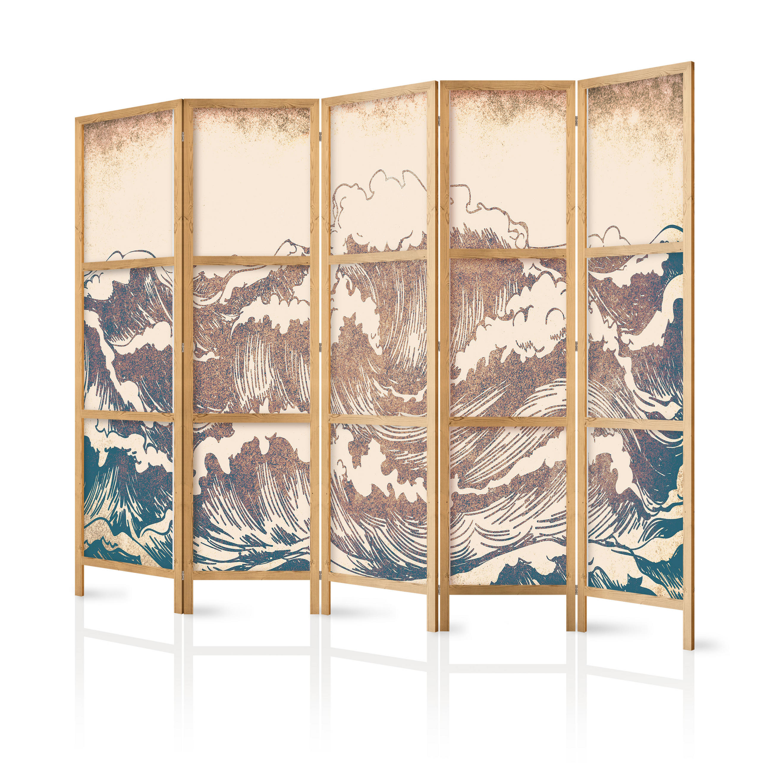 PARAVENT Japanischer 5-tlg 225x172 cm Vintage Wellen - Beige, Holz/Textil (225/172/3cm) - Muralo
