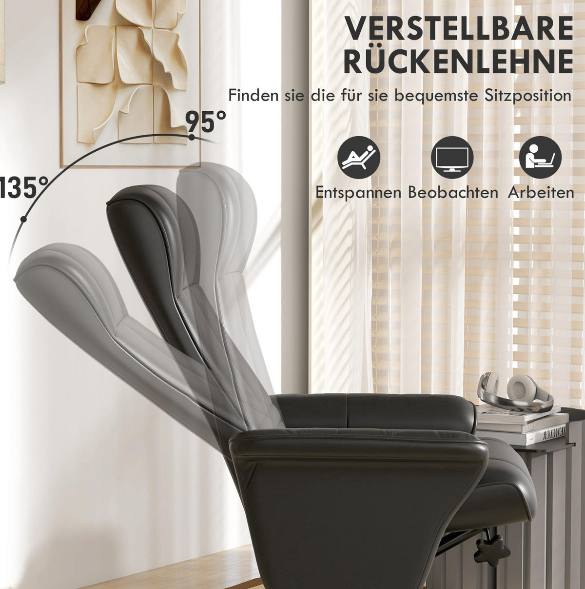 RELAXSESSEL Polyester mit Hocker, Liegefunktion 69/71/104 cm Schwarz - Schwarz, Textil (71/104/69cm) - Redom