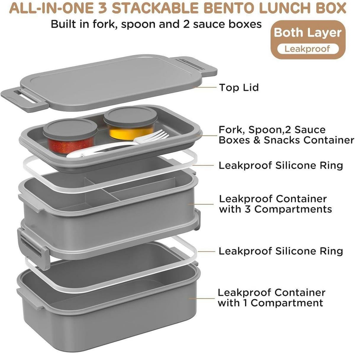 BENTO Box 2130ml 3-lagig Grau - Grau, Kunststoff (14.5/12.5/22cm)