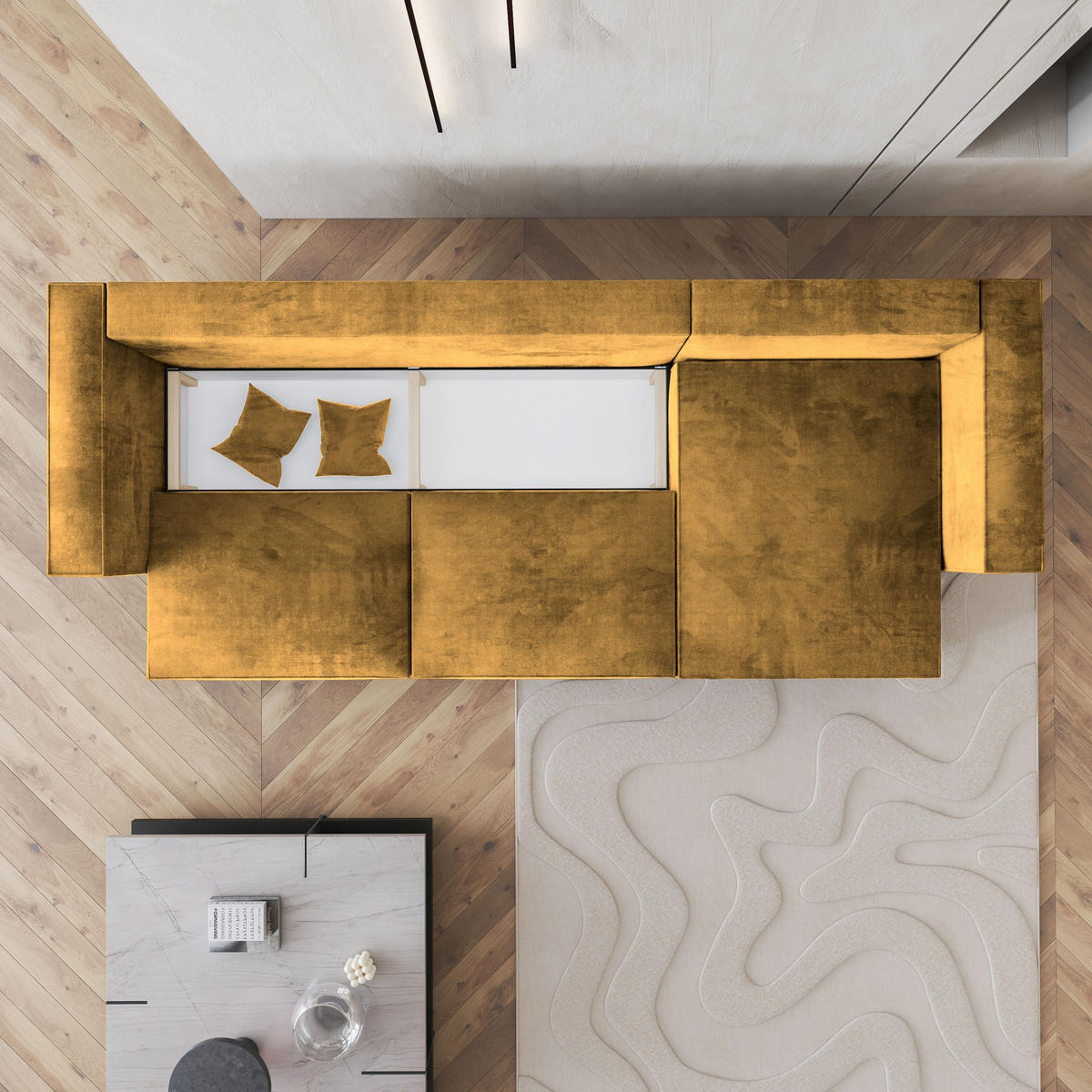 ECKSOFA TOLMO M Gelb Velours-Stoff mit Schlaffunktion - Gelb, Holz (347/148cm) - MASSENO