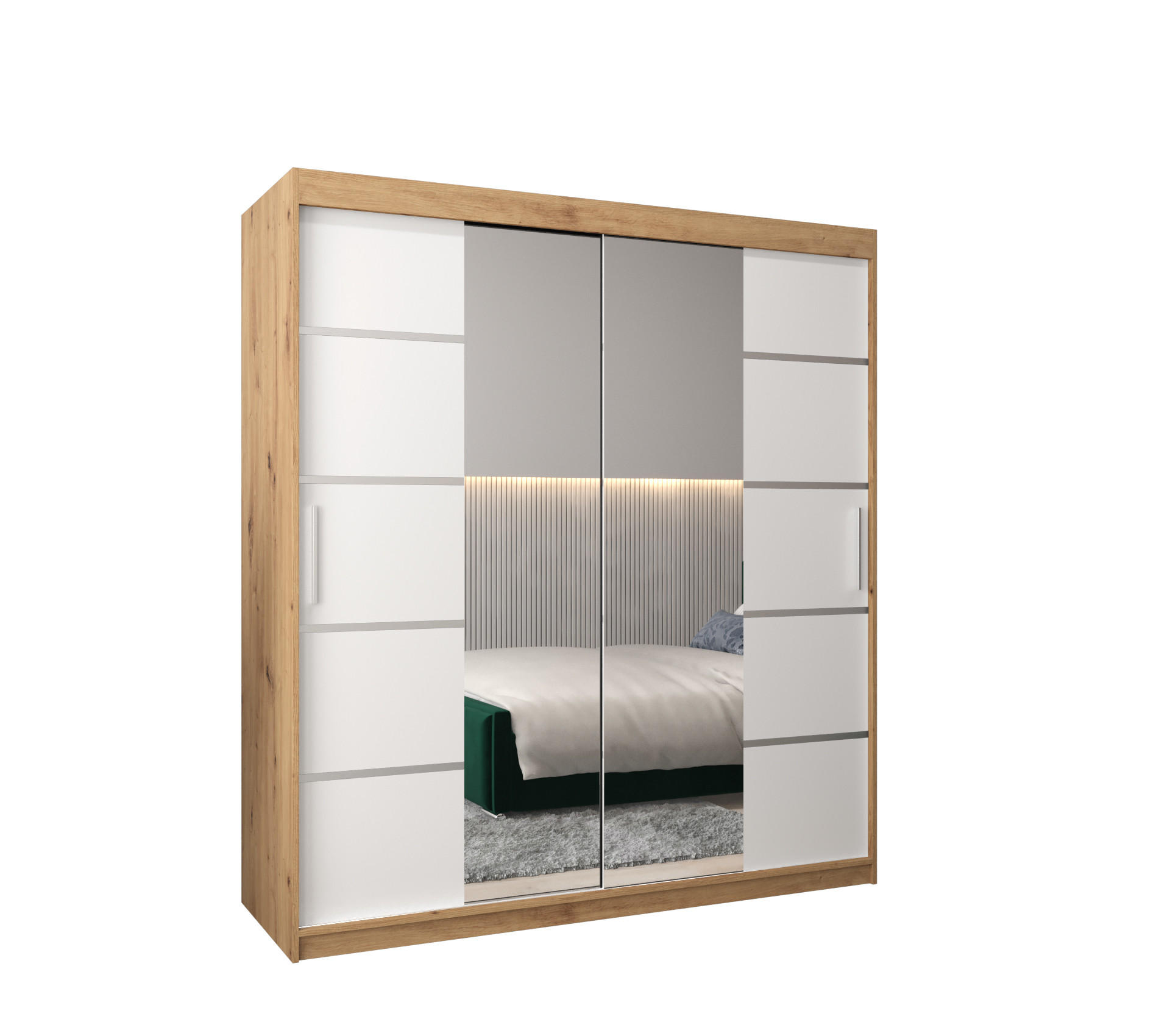 Abiks Möbel Schwebetürenschrank Eiche Artisan, Weiß, Silber 180x200x62 cm