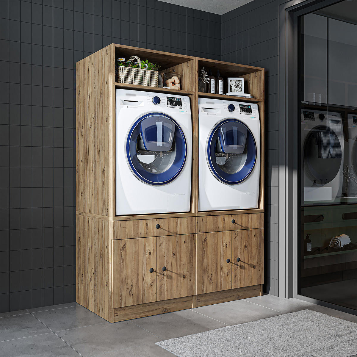 WASCHMASCHINENSCHRANK Serie 1 134cm Breit, 184cm Hoch - Schwarz, Holzwerkstoff (134/184/67cm)