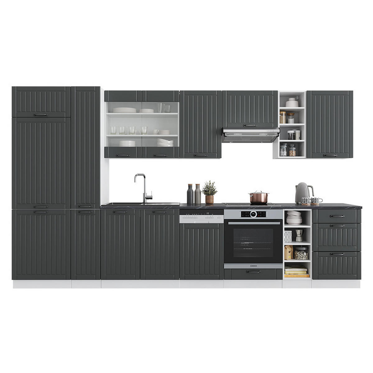 KÜCHENZEILE Fame-Line Anthrazit Landhaus/Weiß 355 cm, AP Eiche - Dunkelgrau/Weiß, Holzwerkstoff (355/81.6/60cm) - Vicco