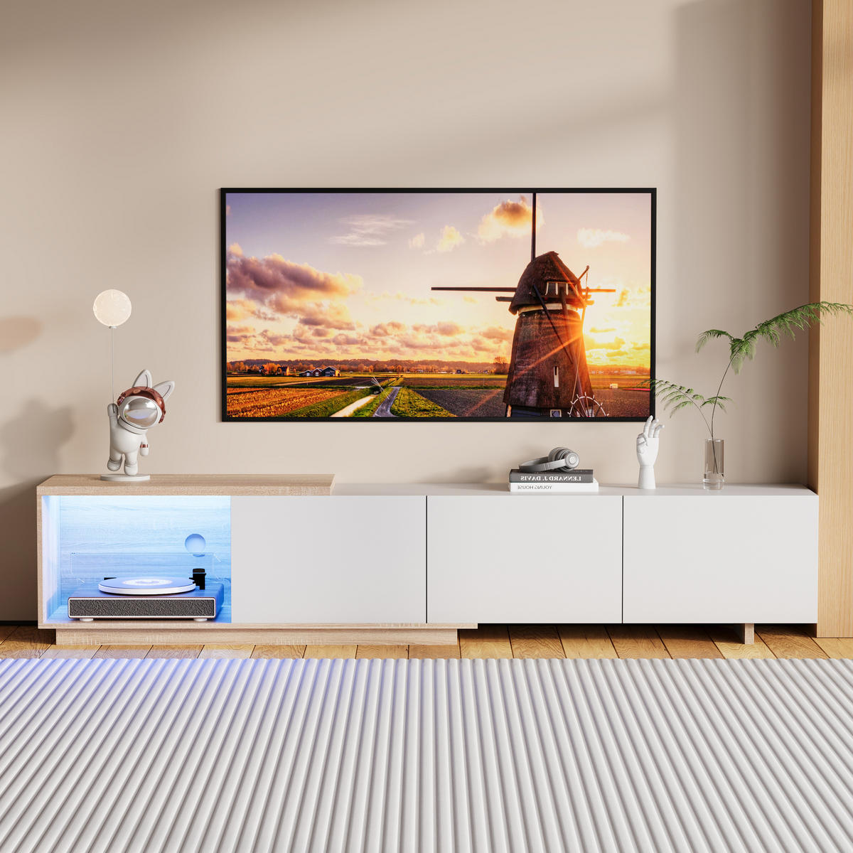 TV-SCHRANK 180 cm, weiß, LED tricolor Sensor, Feder-Schubladen, Holz braun/weiß, modern - Weiß, Holz (240/44/38cm) - EuroLiving