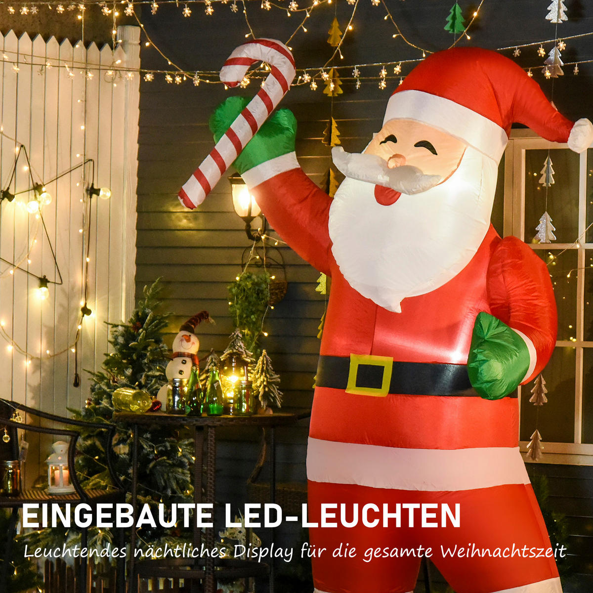 WEIHNACHTSDEKO aufblasbar, 2,4 m Weihnachtsmann mit LED-Beleuchtung Zuckerstange - Rot, Textil (95/243/125cm) - HOMCOM