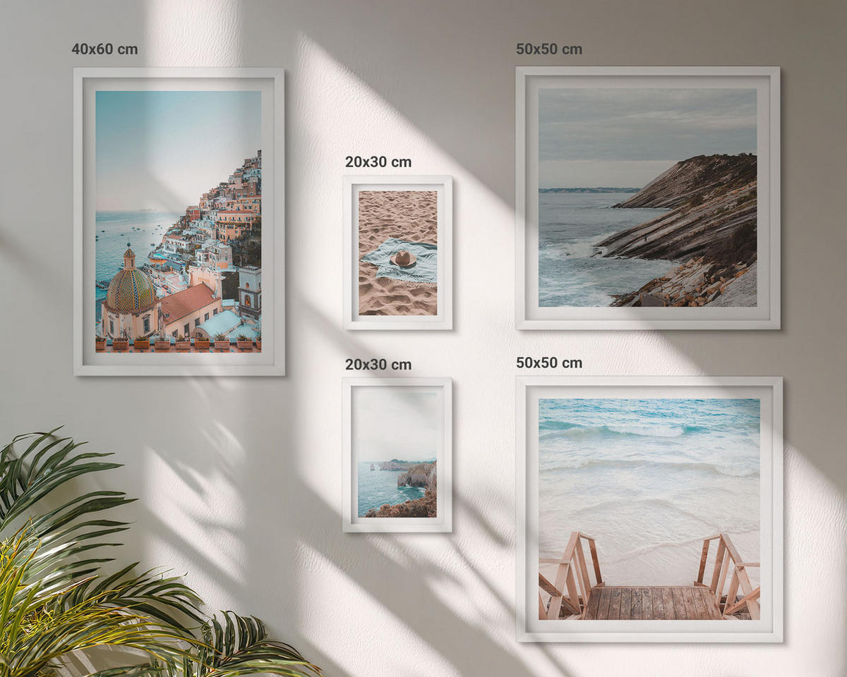 BILDER SET 5er Set - 50x50 cm & 20x30 cm & 40x60 cm Weißer Rahmen - Berglandschaften und Wasserfälle - Weiß, Kunststoff (40/60cm) - TULUP