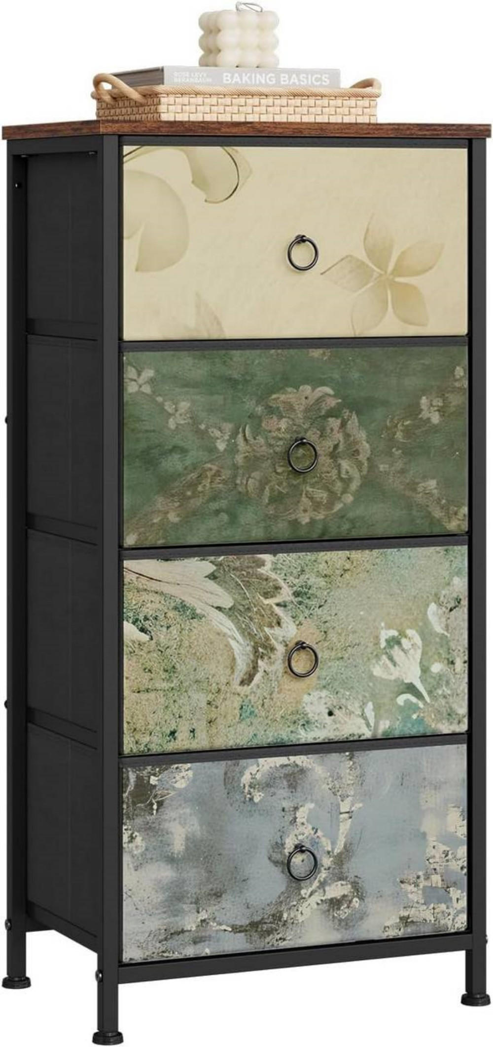 KOMMODE schmal,mit 4 Schubladen, aus Stoff, Vintage-Blumenmotiv - Multicolor/Schwarz, Holzwerkstoff/Metall (45/95/30cm) - Woltu