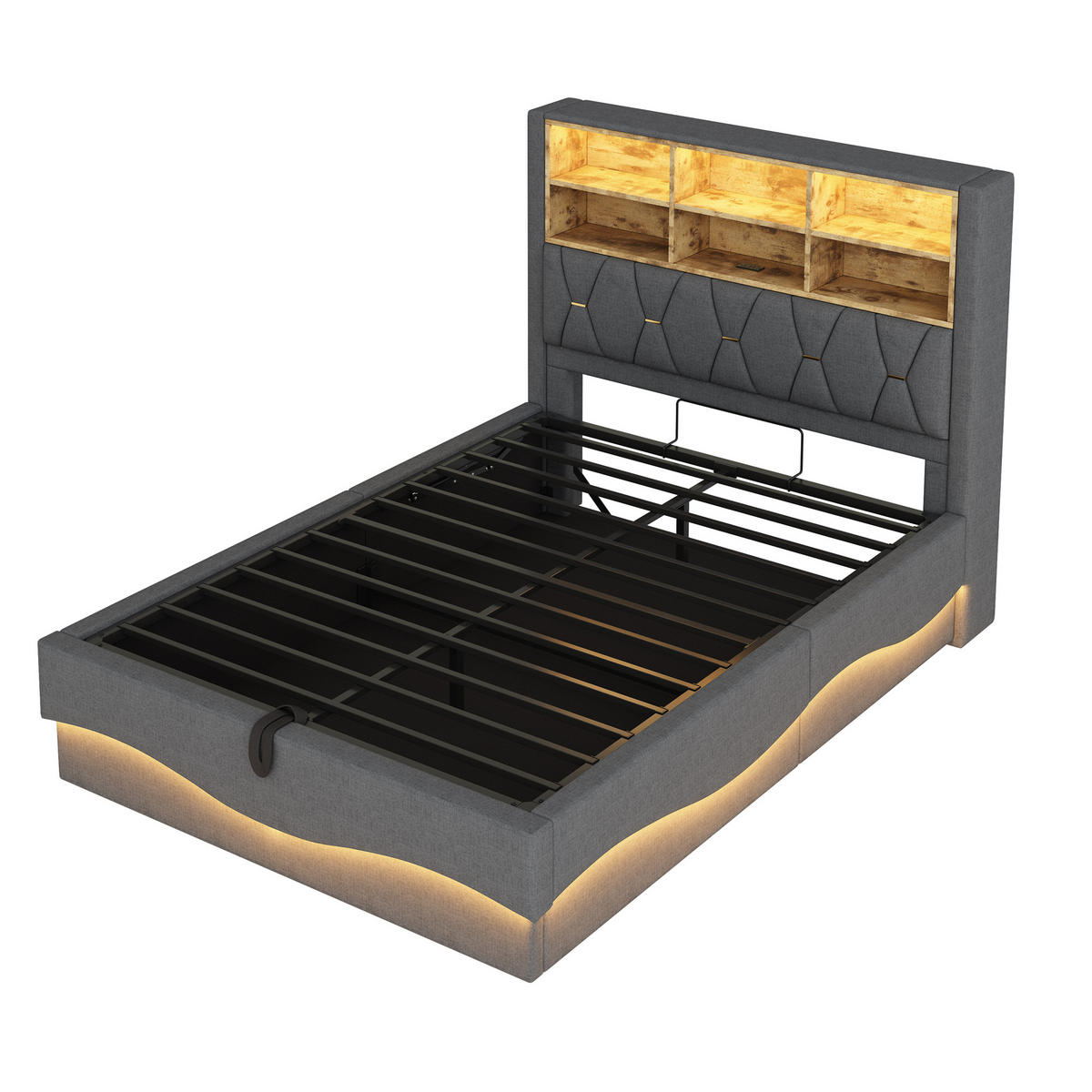 POLSTERBETT 140/200 cm Grau mit hydraulischem Stauraum und LED-Beleuchtung - Grau, Metall (140/200cm) - OKWISH