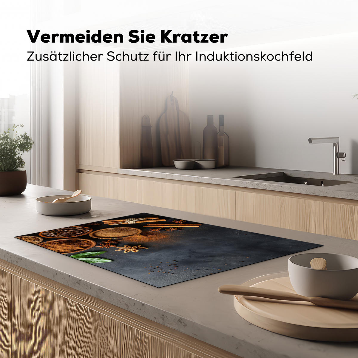 HERDABDECKPLATTE Zimt - Beton - Kaffee - Zimtstangen - Gewürze 77x51 cm - Mokka, Kunststoff (77/0.2/51cm) - MuchoWow