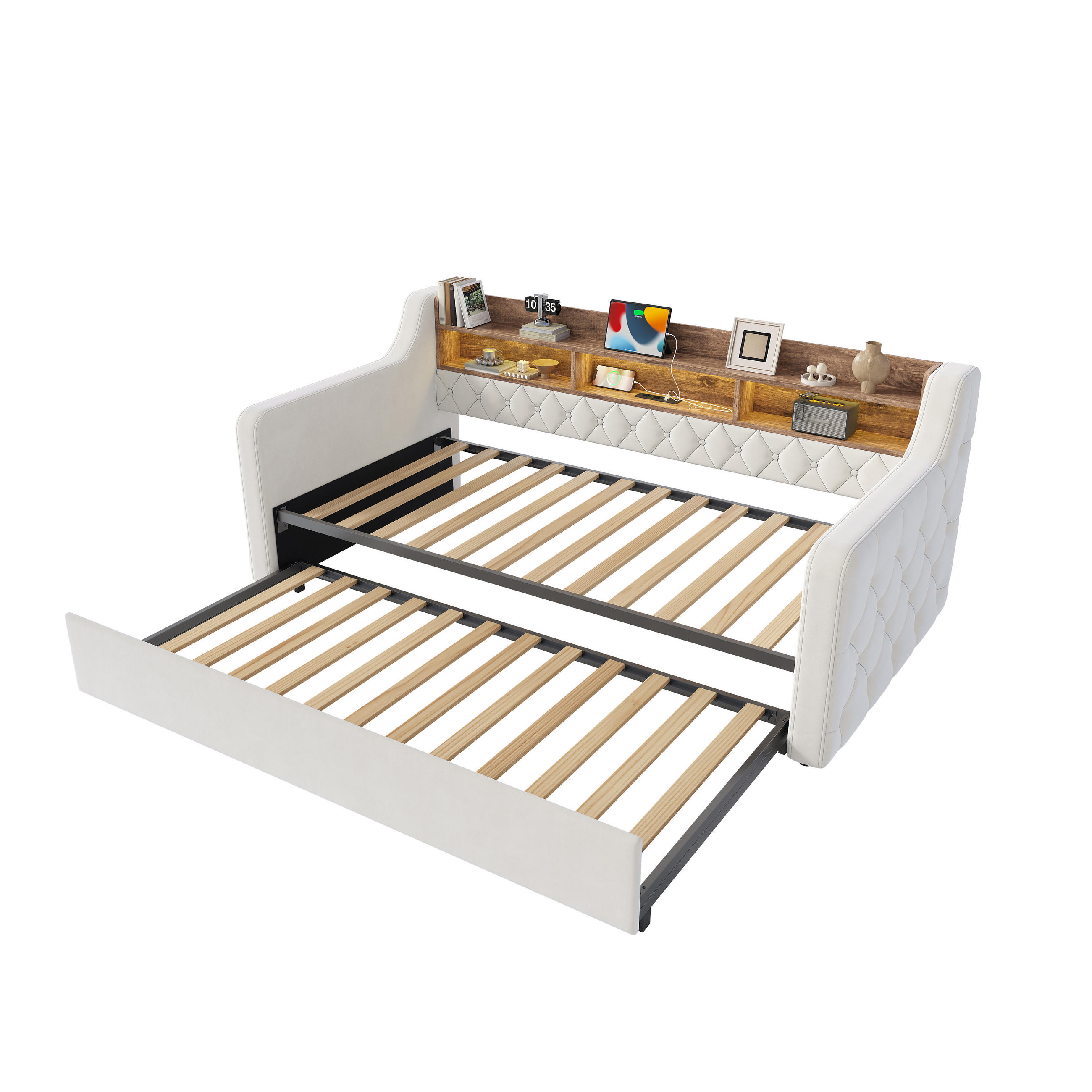 SCHLAFSOFA Beige aus Samt mit Ausziehbett, Stauraumkopfteil, LED und USB-Ladeanschlüssen - Beige, Textil (107/80/201cm) - Luhomfu
