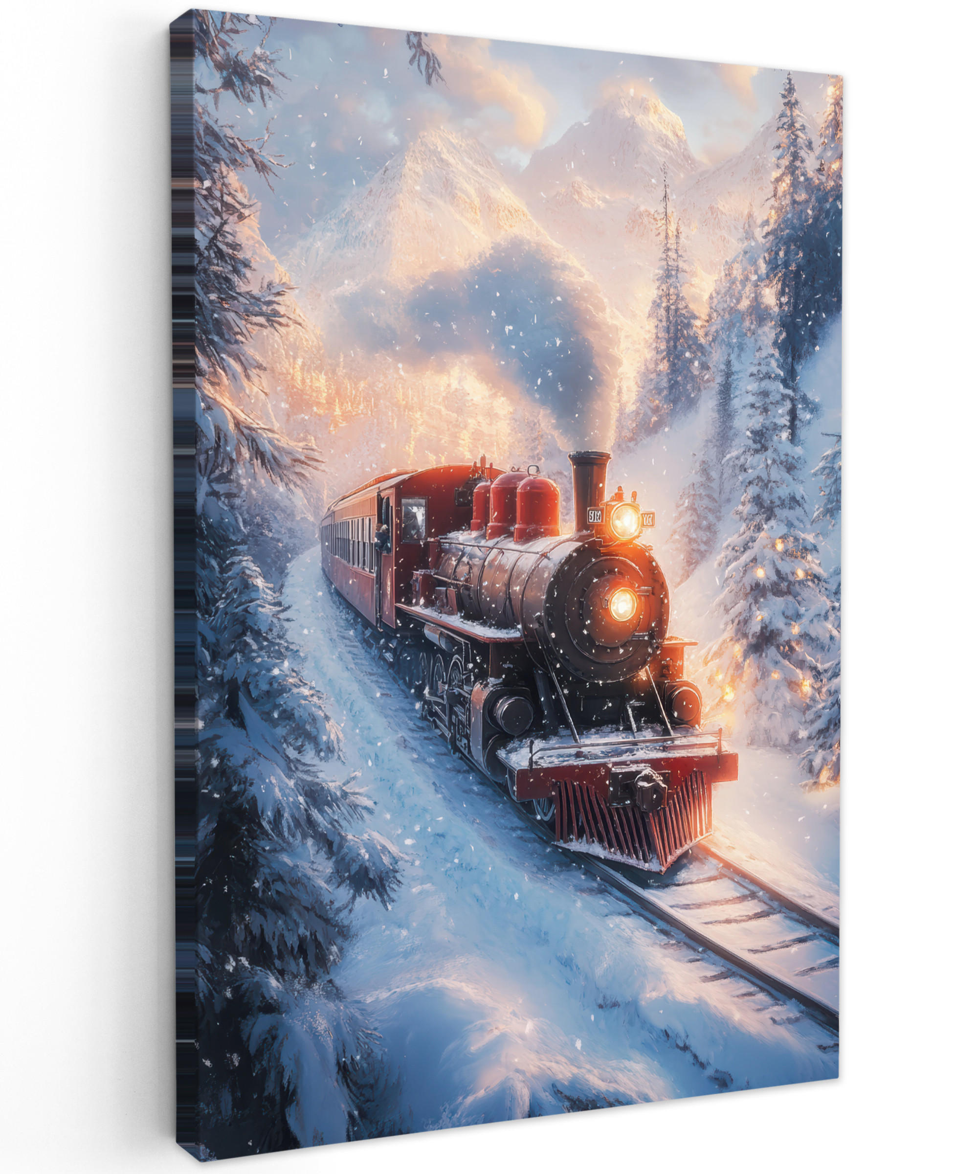 LEINWANDBILD Weihnachtszug - Schnee - Winter - Weihnachten 80x120 cm - Dunkelrot, Textil (80/120cm) - MuchoWow