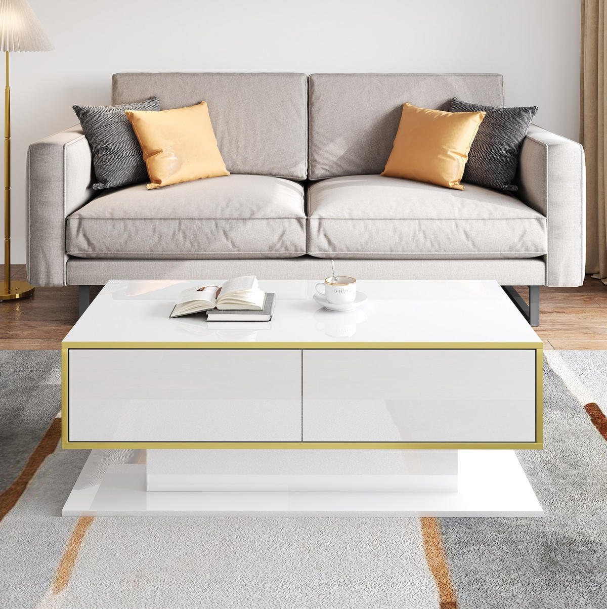 COUCHTISCH mit LED und 3 Schubladen 100 x 50 x 40 cm Weiß - Weiß, Holzwerkstoff (100/50/40cm) - Meubliv