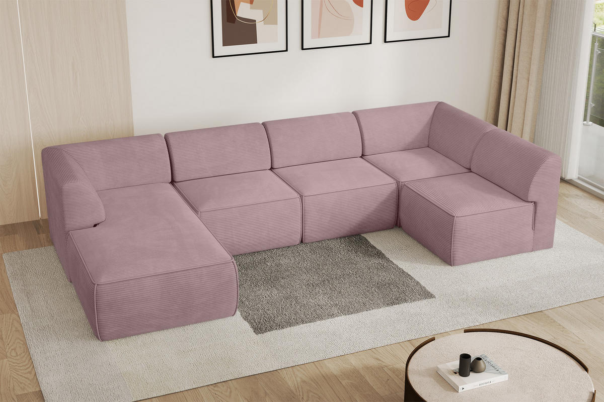 WOHNLANDSCHAFT Ottomane Links MOVO-L 345x180x78 cm Rosa Cord - Rosa, Holzwerkstoff/Kunststoff (345/78/180cm) - ALTDECOR